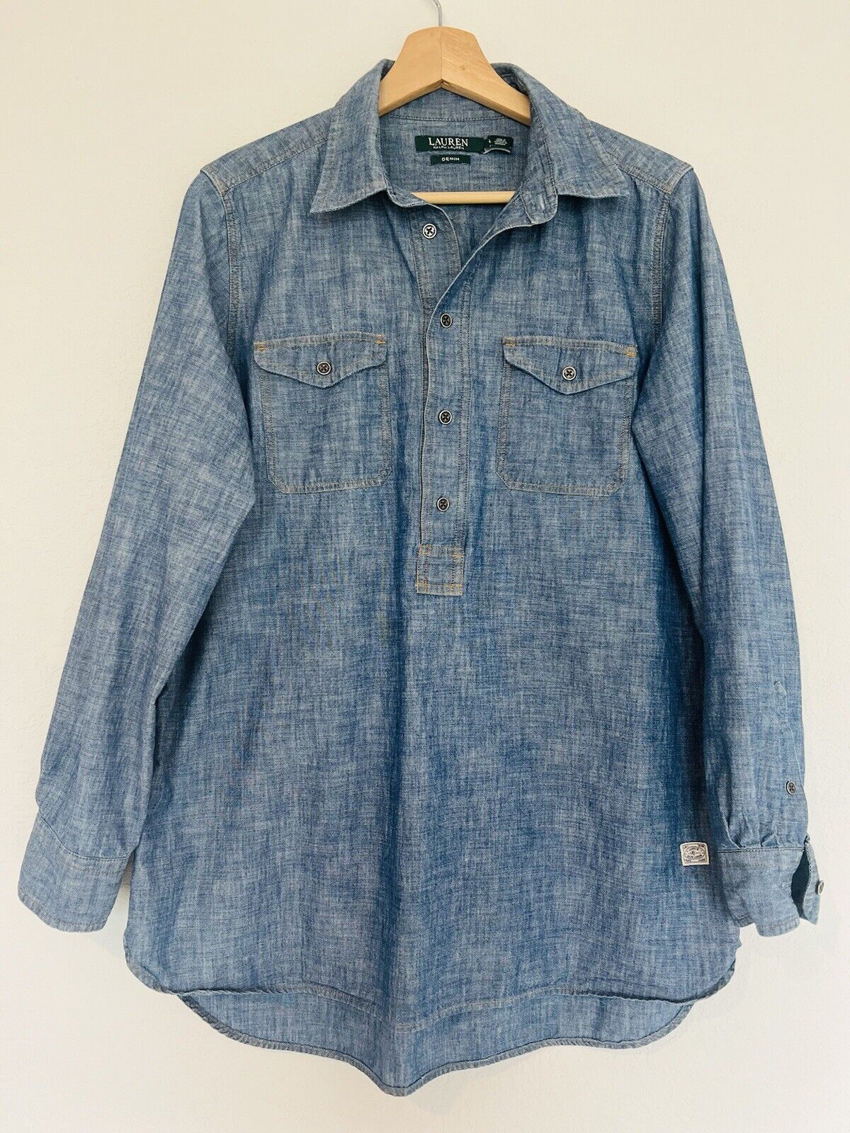 RALPH LAUREN Jeans Company Denim Shirt Sz L Classic Long Sleeve Pullover Boho