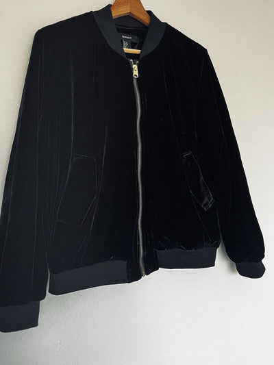 FOREVER 21 Black Velvet Velour Bomber Jacket Sz L Gold Zip Grunge Gothic