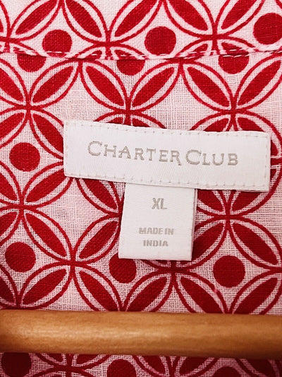 CHARTER CLUB 100% Linen Geometric Top Sz XL Long Sleeve Botton Up Red Shirt