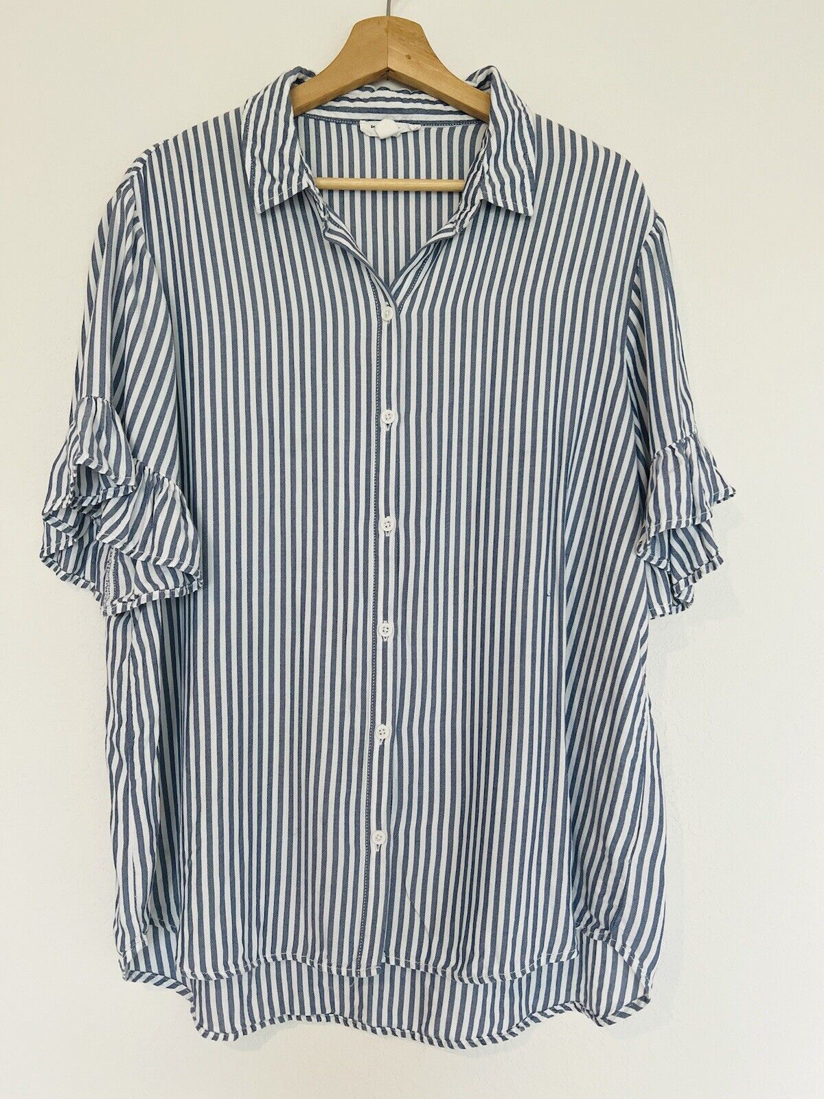 Beach Lunch Lounge Striped Blouse Sz XL Blue Ruffle Sleeve Top Relaxed Fit Boho