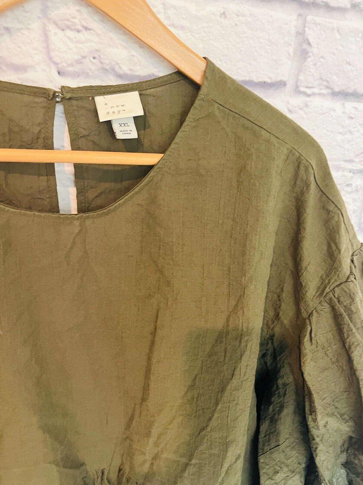 A NEW DAY Women Puff 3/4 Sleeve Pullover Blouse Sz XXL Olive Cotton Boho