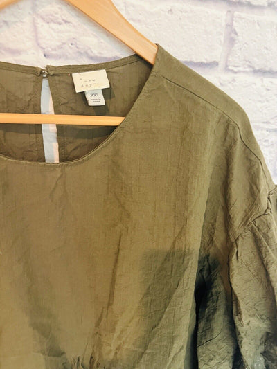 A NEW DAY Women Puff 3/4 Sleeve Pullover Blouse Sz XXL Olive Cotton Boho
