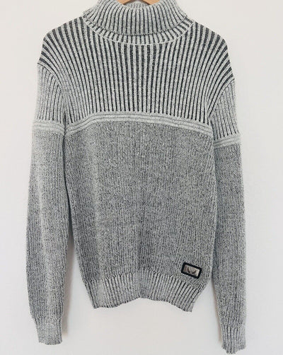 NICK DANGER Mens Chunky Turtle Neck Sweater Sz L Grandpa Gray/White Academia