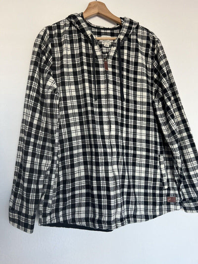 L.L. BEAN Womens Plaid Black Jacket Sz L Zip Up Cotton Hooded Flannel