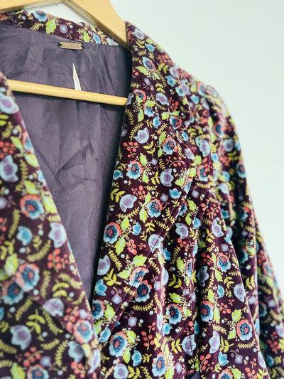 FREE PEOPLE Velvet Floral Blazer Sz 12 Purple Jacket Satin Bow Boho Hippie Artsy