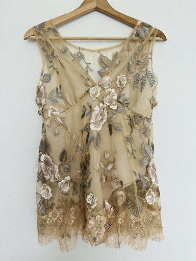 TUART Floral Lace Overlay Nude Bodysuit Sz M Pastel Blouse Embroidery Boho Fairy