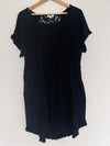 UMGEE Black Linen Blend Dress Sz L Raw Fringe Hems Pockets Crochet Lace Boho