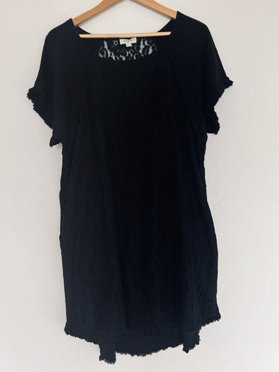 UMGEE Black Linen Blend Dress Sz L Raw Fringe Hems Pockets Crochet Lace Boho