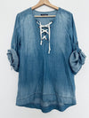 ANTHROPOLOGIE Dear John Chambray Denim Lace Up Tunic Blouse Sz S Roll Tab Boho
