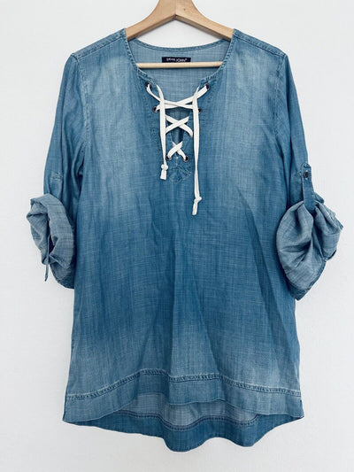 ANTHROPOLOGIE Dear John Chambray Denim Lace Up Tunic Blouse Sz S Roll Tab Boho