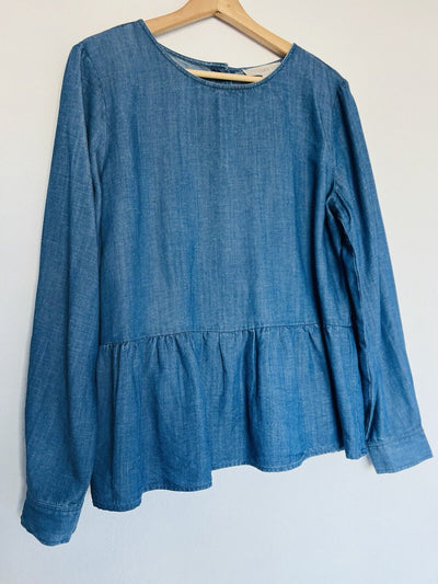 LOFT Chambray Linen Blend Blouse Sz M Button Back Peplum Top Long Sleeve Boho