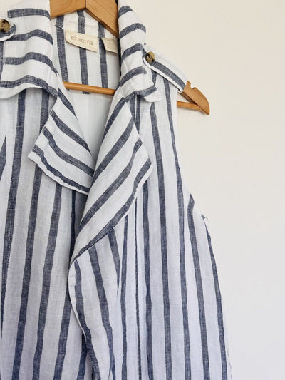 CHICO’S 100% Linen Striped Vest Sz M Blue/White Collar Open Front Lined Nautical