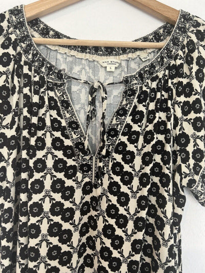 Max Studio Floral Print Blouse Sz L Cream/Black Tie Smock Neck Rayon Blend Boho