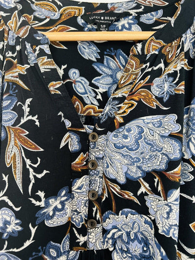 LUCKY BRAND Floral Jersey Knit Blouse Sz PS Hi-Low  V-Neck Button Boho Western