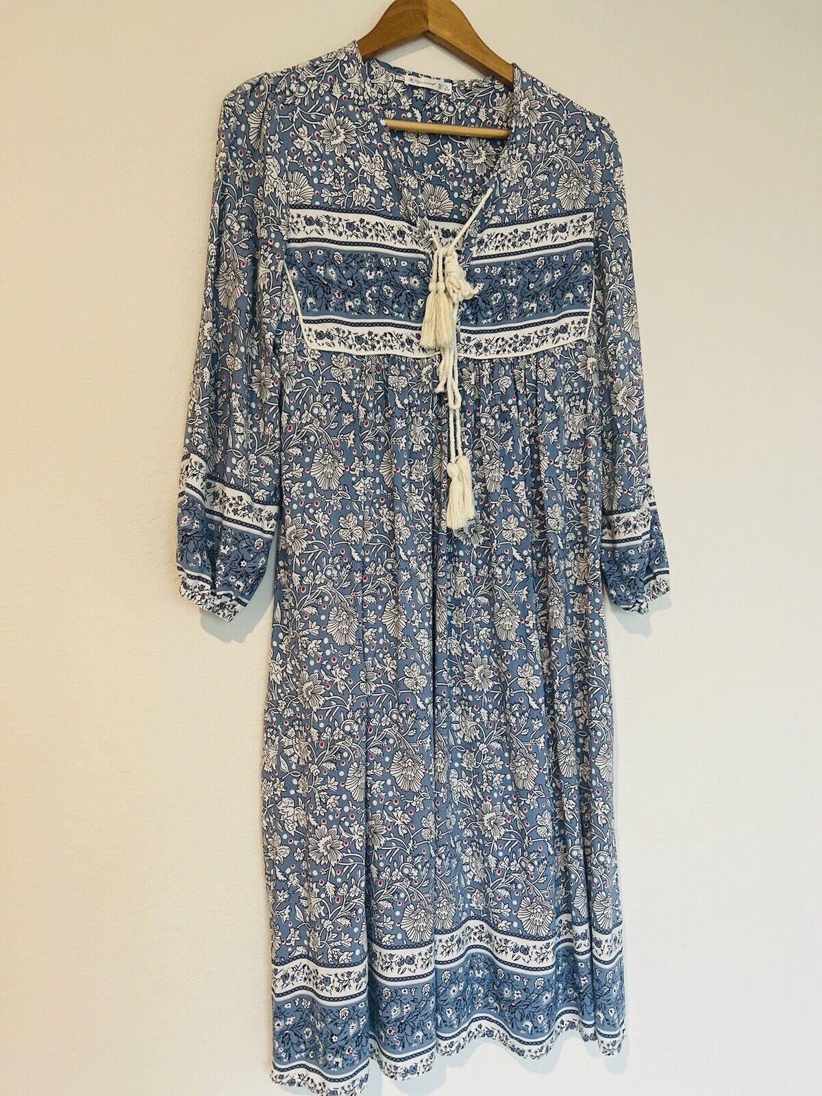 R.Vivimos Boho Dress Long Sleeve Tassel Midi Relaxed Fit Floral Blue Size S 4/6