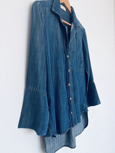 BELLA DAHL Womens Blue Chambray Shirt Sz M Inside Pocket Button Up Preppy Casual
