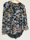 LUCKY BRAND Floral Jersey Knit Blouse Sz PS Hi-Low  V-Neck Button Boho Western