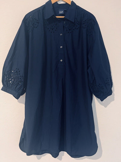 GAP Eyelet Shirt Dress Sz XL Navy Blue 100% Cotton Crochet Tie Pockets Boho
