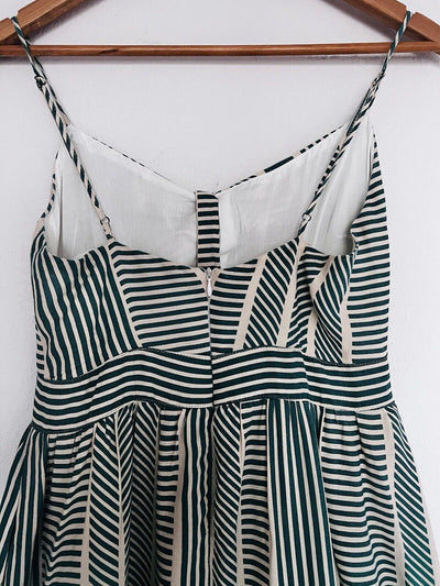 LUSH Womens Green Striped Dress Sz S Tie Front Midi Bow 100% Cotton