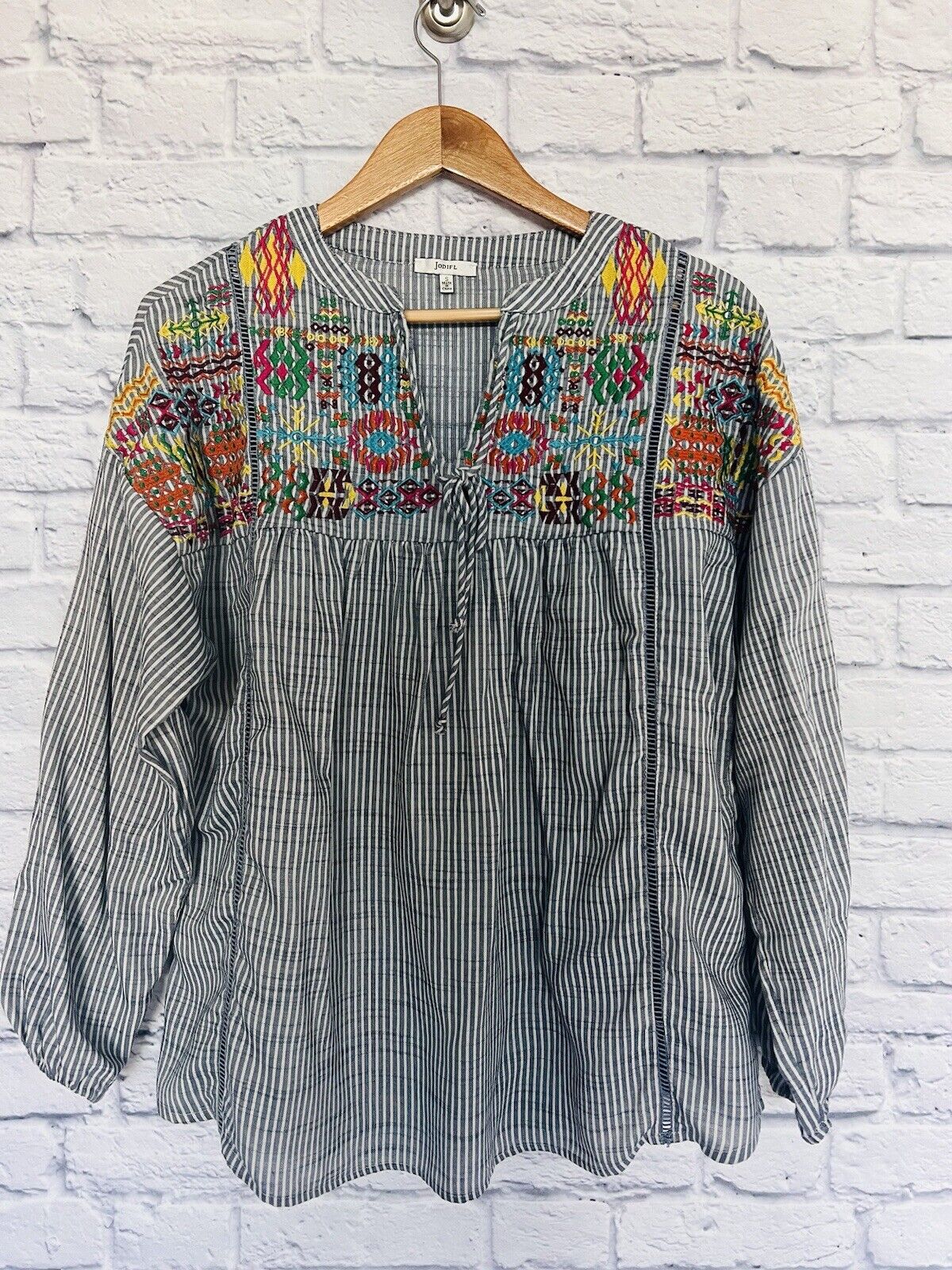JODIFL Embroided Long Sleeve Striped Top Sz S Split Tie Neck Aztec Boho Blouse