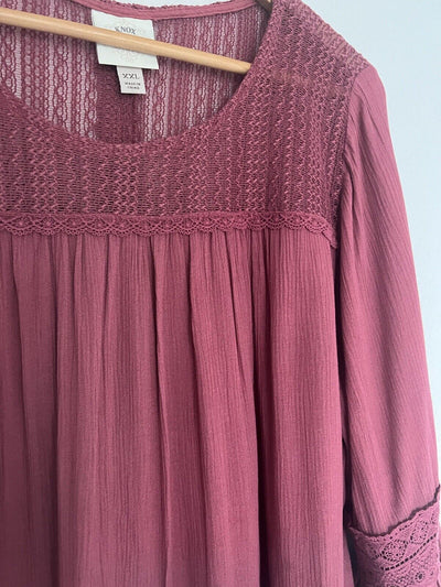 KNOX ROSE Fuchsia Flowy Top Sz XXL Lace Ruffle Flared Long Sleeves Blouse