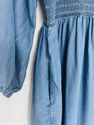 UNBRANDED Smocked Tiered MIDI Dress Blue Puff Sleeve Long Peasant Boho