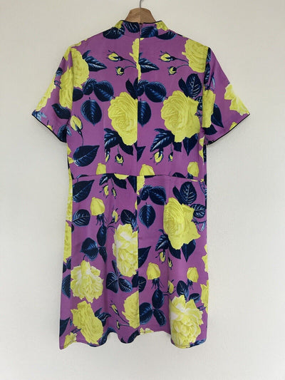 ASOS Purple/YellowFloral Dress Sz 10 High Neck Zip Back Short Sleeve