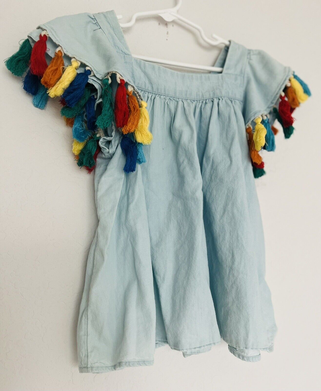 TUCKER + TATE Girls Blue Tassel Flutter Sleeve Top Sz 7 Multicolored Kids Boho