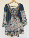 FIG & FLOWER Mixed Print Tunic Blouse Sz 3X Tie Neck Lace Flared Sleeve Boho