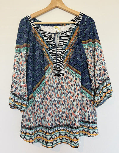 FIG & FLOWER Mixed Print Tunic Blouse Sz 3X Tie Neck Lace Flared Sleeve Boho