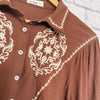 IN LOOM Brown Embroidered Blouse Sz M 1/2 Button Long Sleeve Western Boho Rodeo