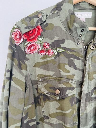 KNOX ROSE Embroidered Jacket Sz L Camo Anorak Cargo Utility Pockets Boho
