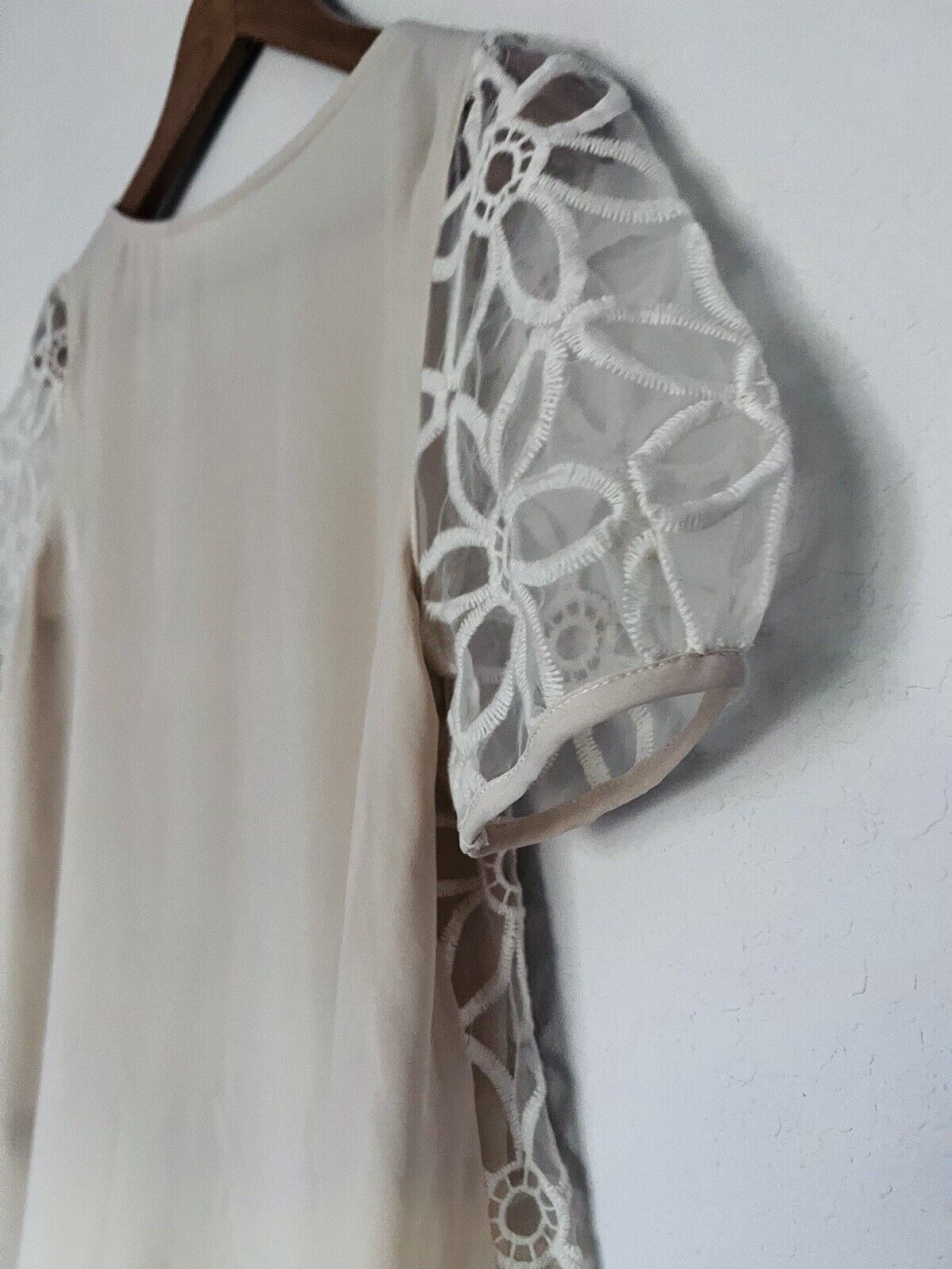 PAZZO Floral Crochet Lace Overlay Blouse Ivory Sz S Short Puff Sleeves Boho Top