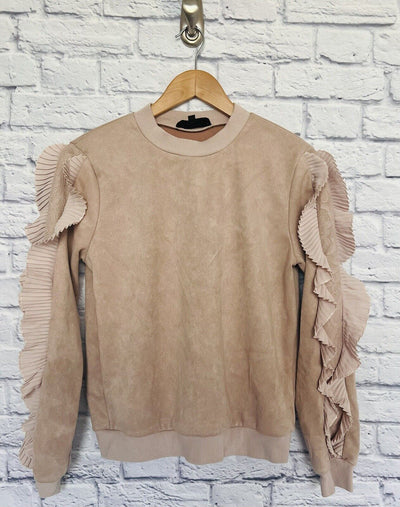 ALICE BLUE Womens Faux Suede Sweatshirt Top Sz S Lace Detail Ruffle Sleeves Boho