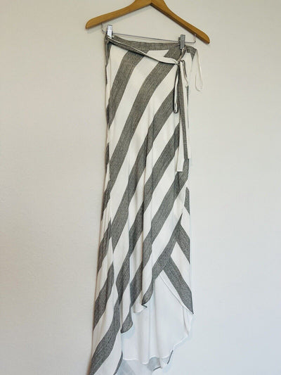 LULUS Cotton Linen Blend Wrap Skirt Sz S Grey White Striped Maxi Lined Tie Waist