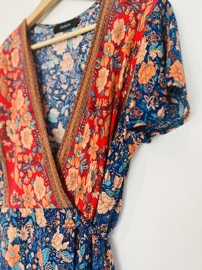 ZESICA Floral Maxi Wrap Dress Sz L Flutter Sleeves Tie Waist Boho Western
