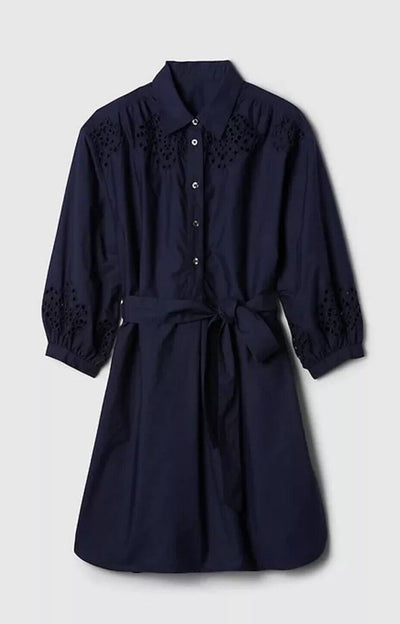 GAP Eyelet Shirt Dress Sz XL Navy Blue 100% Cotton Crochet Tie Pockets Boho