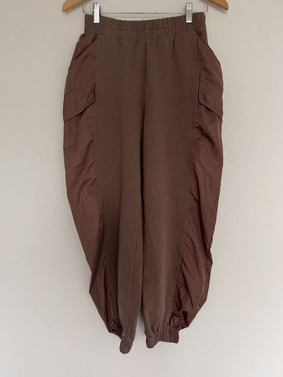 ZARA Womens Elastic Waist Cargo Pants Sz L Brown Parachute Oversized Relaxed Fit