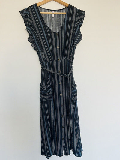 Xhilaration Striped Spring Dress Sz L Blue With Pockets Tie Waist Midi Boho