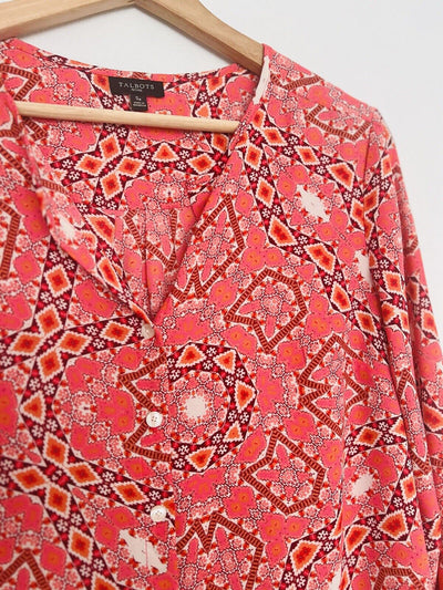 TALBOTS Pink Orange Long Sleeve Blouse Sz S Petite V-Neck Button Geometric Boho