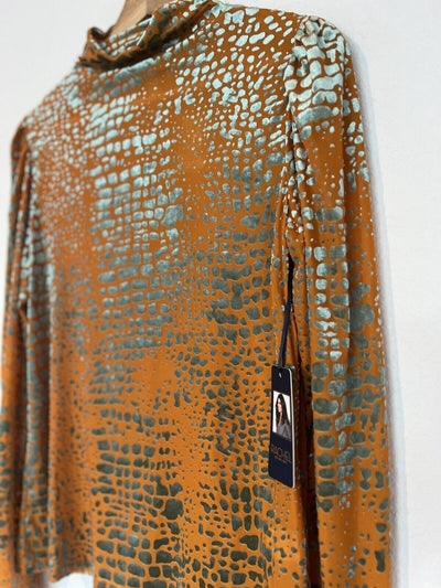 RACHEL ROY Foiled Animal Velvet Burnout Top Sz M Orange Long Sleeve High Neck