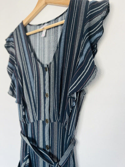 Xhilaration Striped Spring Dress Sz L Blue With Pockets Tie Waist Midi Boho