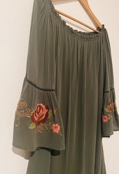 KNOX ROSE Olive Off The Shoulder Dress Sz L Embroidered 3/4 Bell Sleeve Boho