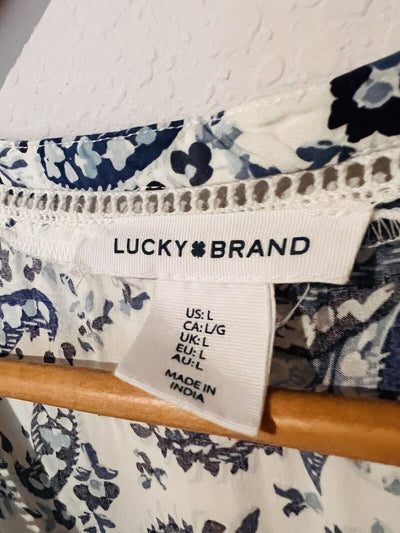 LUCKY BRAND Blue Paisley Dress Sz L Sleeveless Ruffle Tie Neck Crochet Boho