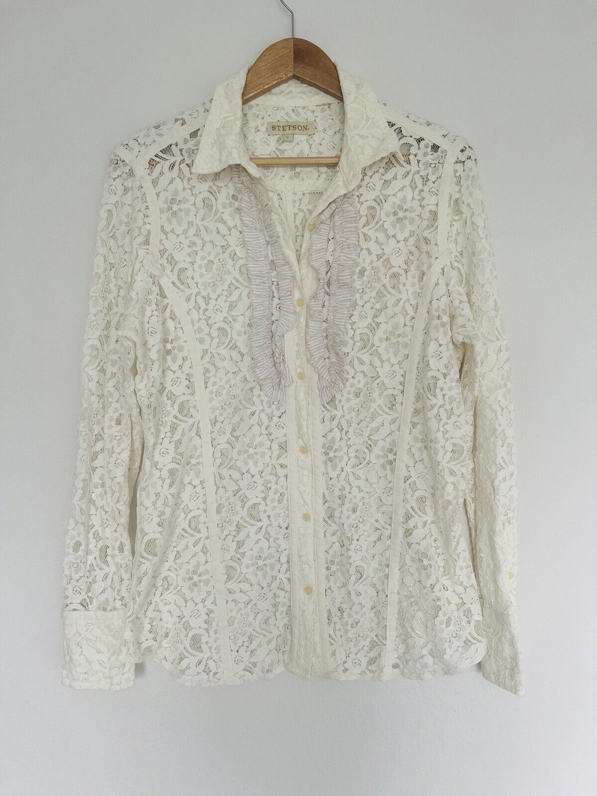 STETSON Ruffle Lace Shirt Sz XL Ivory Button Floral Long Sleeve Boho Western