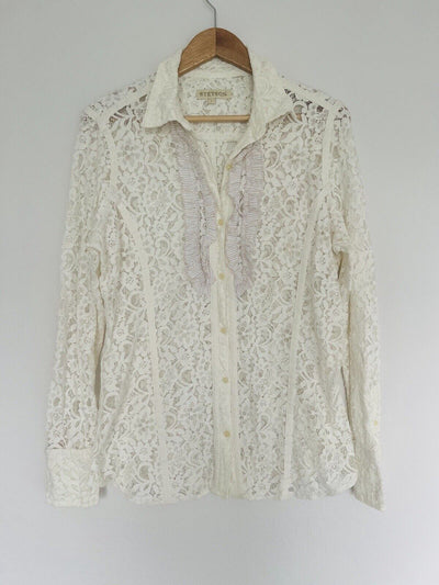 STETSON Ruffle Lace Shirt Sz XL Ivory Button Floral Long Sleeve Boho Western