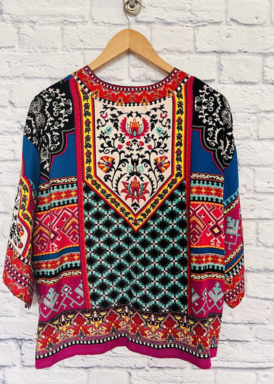 FLYING TOMATO Black Geometric Print Open Front Kimono Jacket Sz M Lightweight