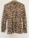 DEMOCRACY Leopard Animal Print Blouse Sz S Smocked High Neck Long Sleeve