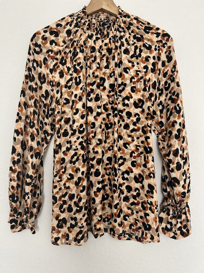 DEMOCRACY Leopard Animal Print Blouse Sz S Smocked High Neck Long Sleeve