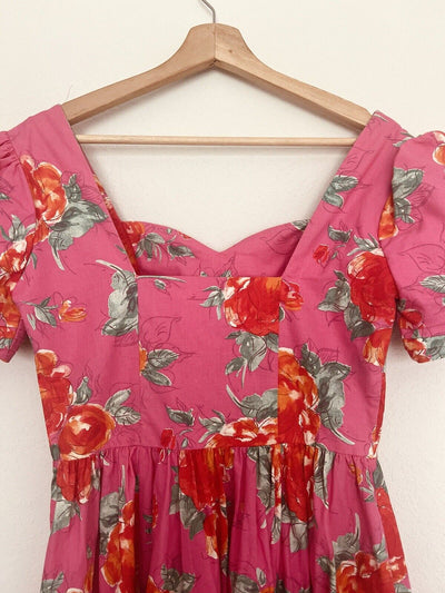 LAURA ASHLEY VTG 80s Dress US Sz 10 Pink Red Floral Cottagecore Bow Puff Sleeve